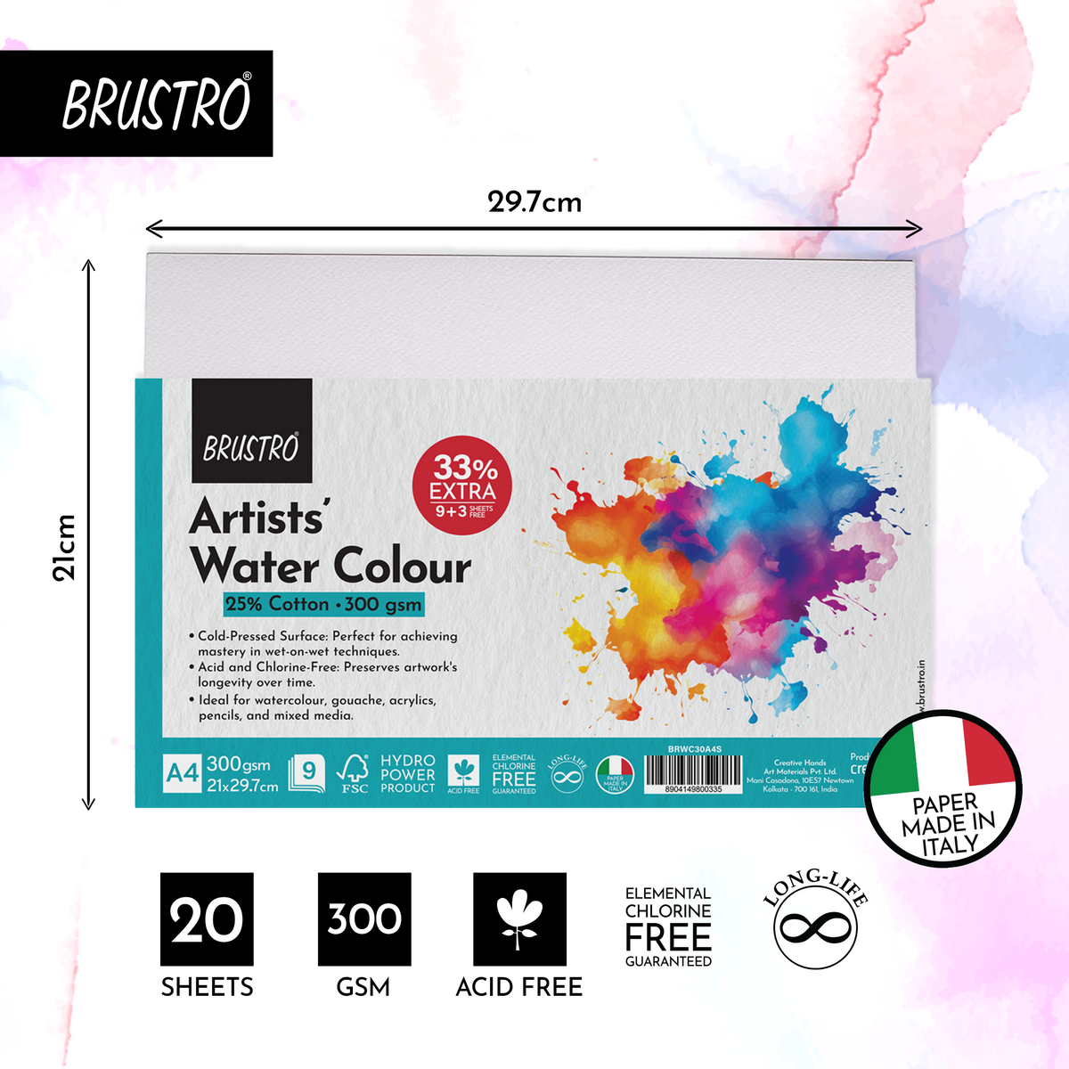 BRUSTRO Artists Watercolour Paper | 300 GSM, A4, 25% Cotton, Cold Pressed | Pack of 12 Sheets