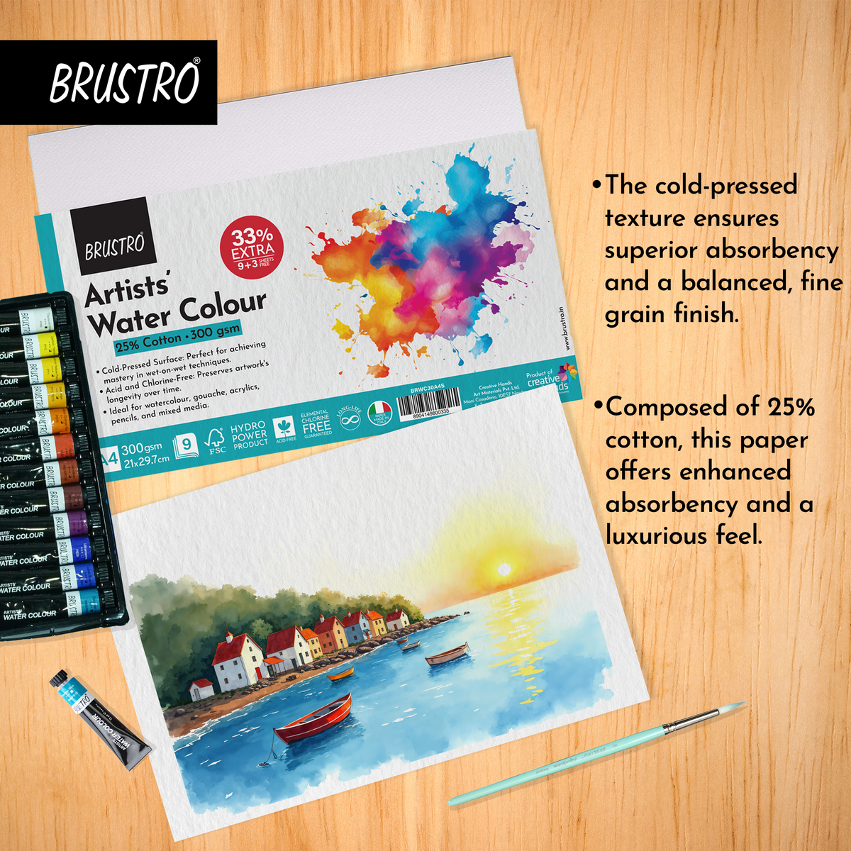 BRUSTRO Artists Watercolour Paper | 300 GSM, A4, 25% Cotton, Cold Pressed | Pack of 12 Sheets