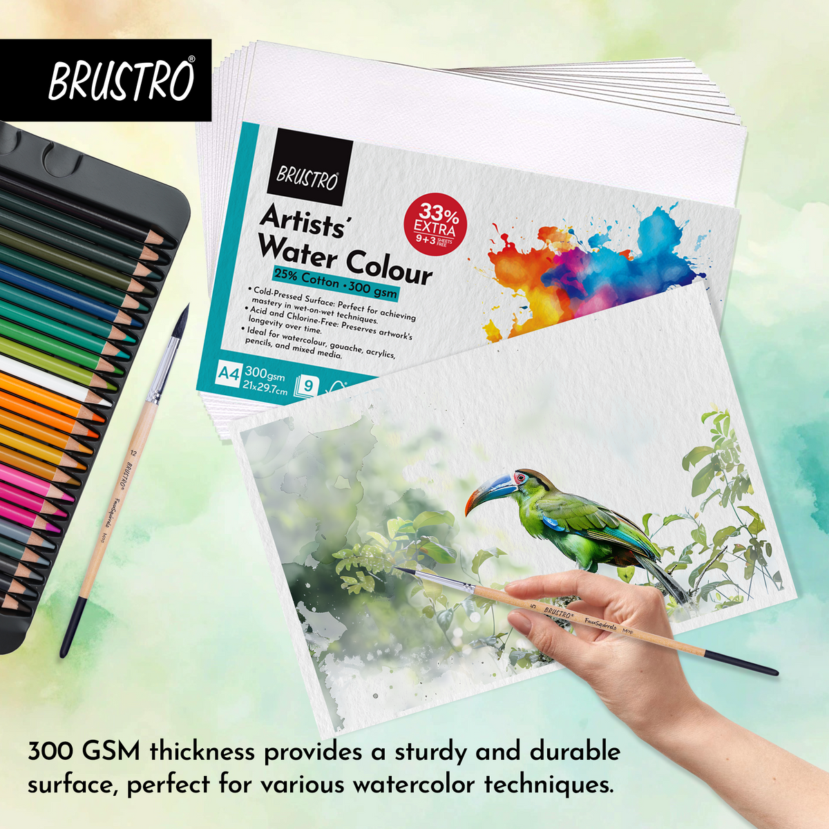 BRUSTRO Artists Watercolour Paper | 300 GSM, A4, 25% Cotton, Cold Pressed | Pack of 12 Sheets