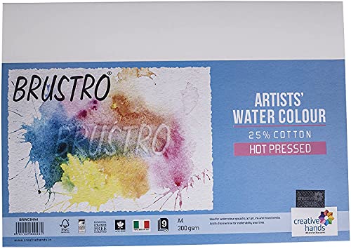 Brustro Artists Watercolour Paper, 300 GSM, A4-25% Cotton Hot Pressed, 9 Sheets