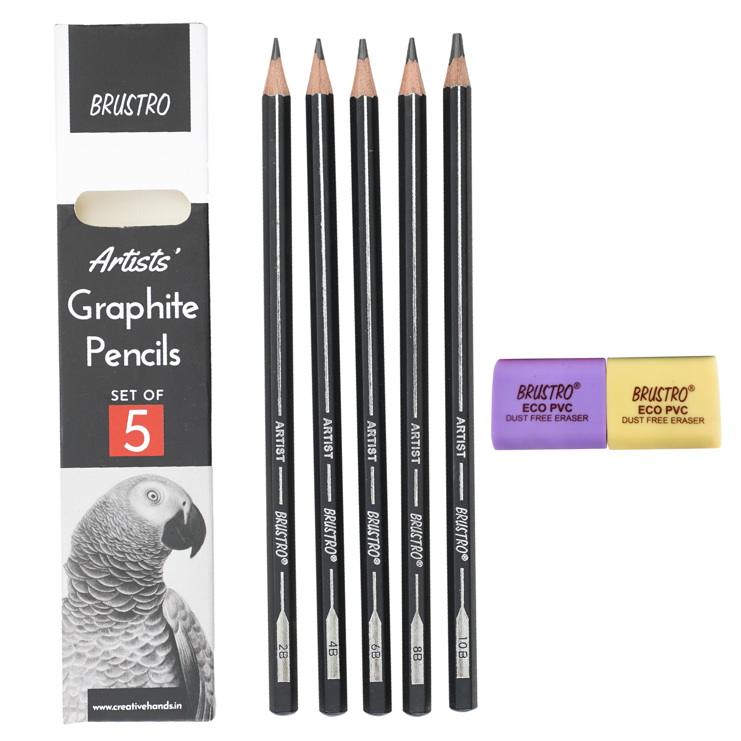 BRUSTRO Artist's Graphite Pencil set | Set of 5 (2B, 4B, 6B, 8B, 10B) | Pre Sharpened, Lightweight, Break-resistant, Ideal for Students and Adults, Students, Professional Drawing,Sketching,Mandala Art