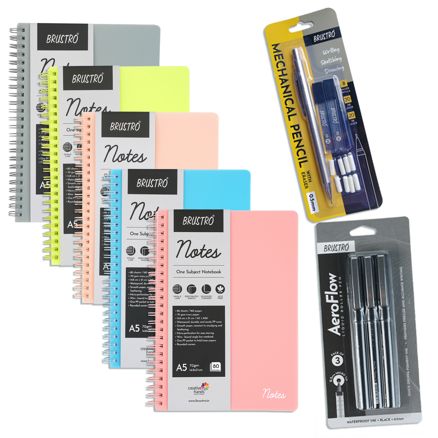 BRUSTRO Notes A5 Size,1 Subject Ruled Notebooks (Set of 5) with Free BRUSTRO Mechanical Pencil 0.5mm and AeroFlow Liquid Ink Rollerball Pens 0.5 Micro Tip (Worth Rs. 348)