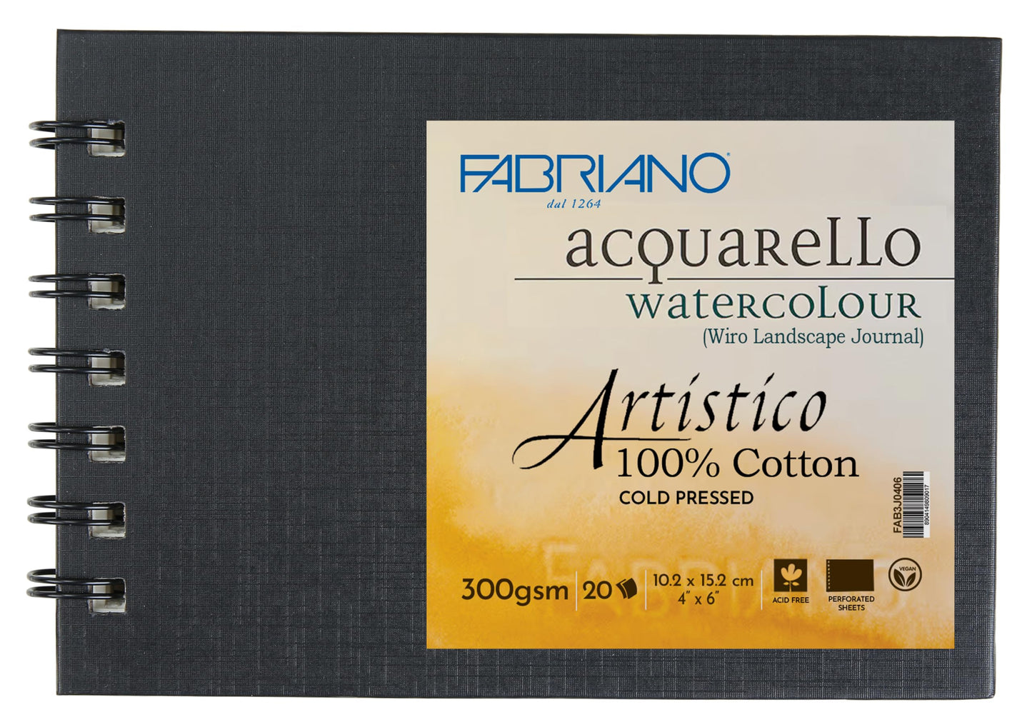 Fabriano Artist 100% Cotton,Watercolour,Wiro Bound Landscape Journal,Cold Pressed|300 GSM,Size-4"X6",20 Sheets|Ideal for all fine art techniques-wet and dry,internally and externally sized for ideal absorbance
