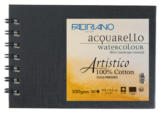Fabriano Artist 100% Cotton,Watercolour,Wiro Bound Landscape Journal,Cold Pressed|300 GSM,Size-4"X6",20 Sheets|Ideal for all fine art techniques-wet and dry,internally and externally sized for ideal absorbance