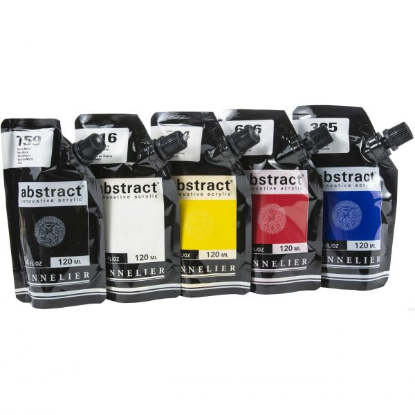 Sennelier Abstract Artist Acrylic 120 ml Pouch (Primary Assorted 5), Contains - Black, White, Red, Yellow & Blue (Made in France)