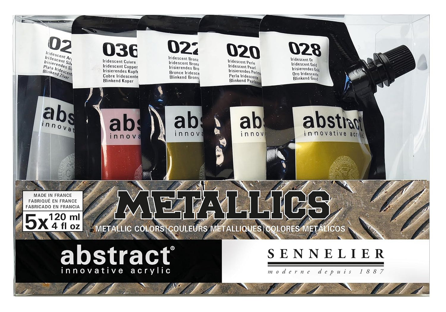 Sennelier Abstract Artist Acrylic 120 ml Pouch Contains Silver, Copper, Bronze, Gold and Pearl (Iridescent Assorted 5)