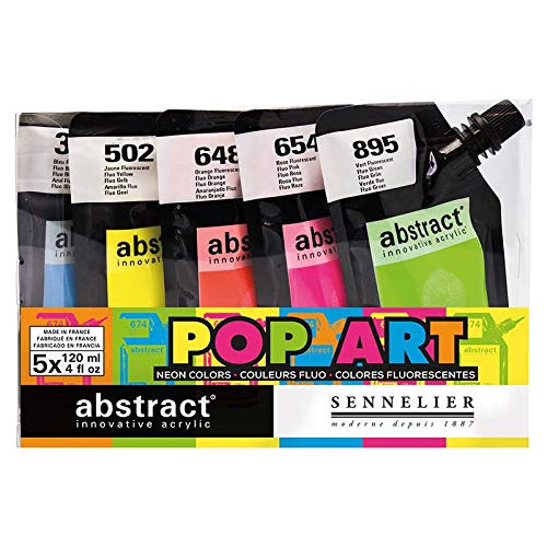 Sennelier Abstract Acrylic Artist Paint Pouch 120 ml, POP Art Assorted 5 Colours Contains Fluorescent Blue, Yellow, Orange, Pink & Green