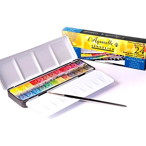 Sennelier Aquarelle French Artists' Watercolor Set - Metal Box of 24 Half Pans