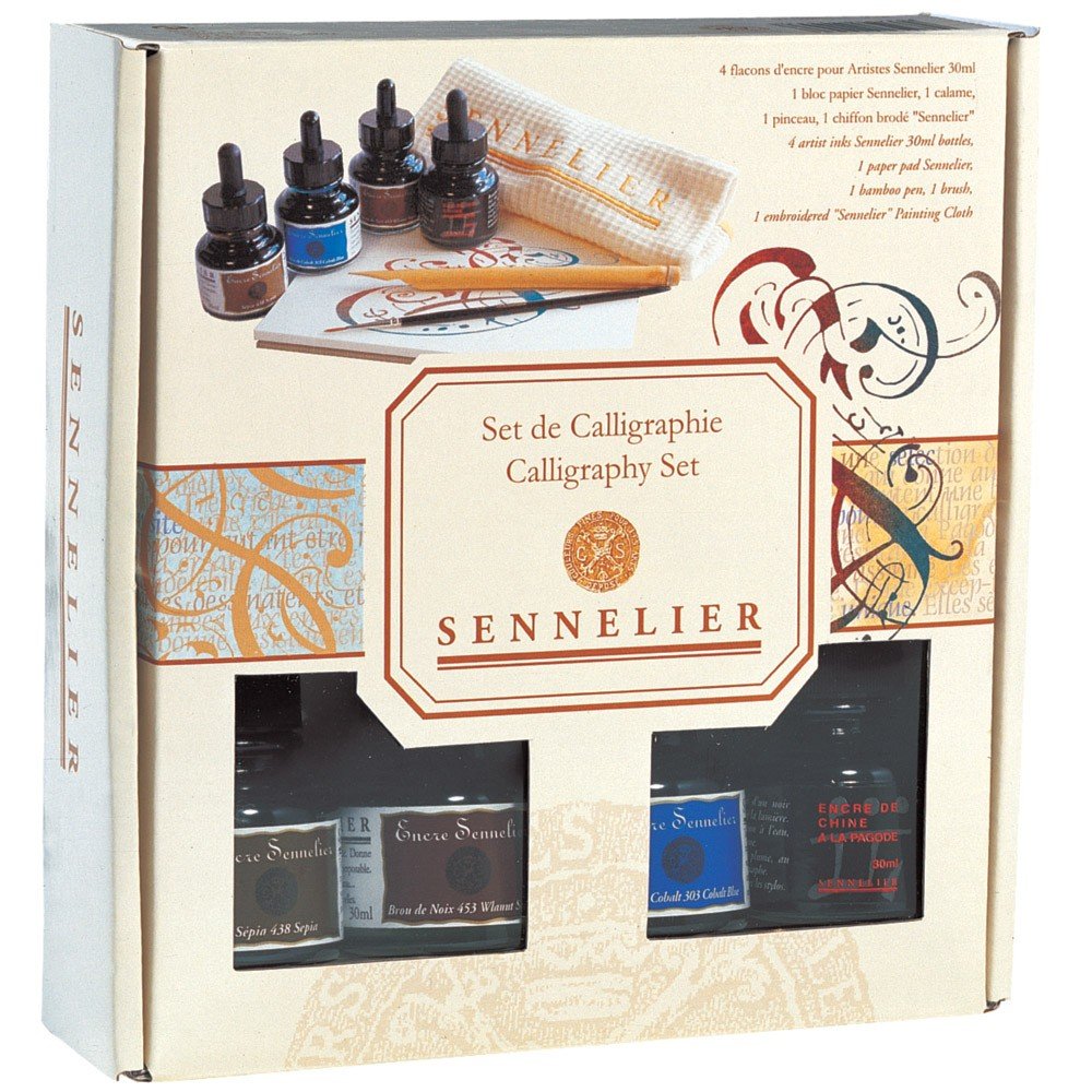 Sennelier Artists Ink Set Of 4 Colors ( Includes Four 30ml bottle one of each color , 1 brush ,1 Bamboo pen , 1 embroidered Sennelier cloth and 1 paper pad 7 x 7 inches)