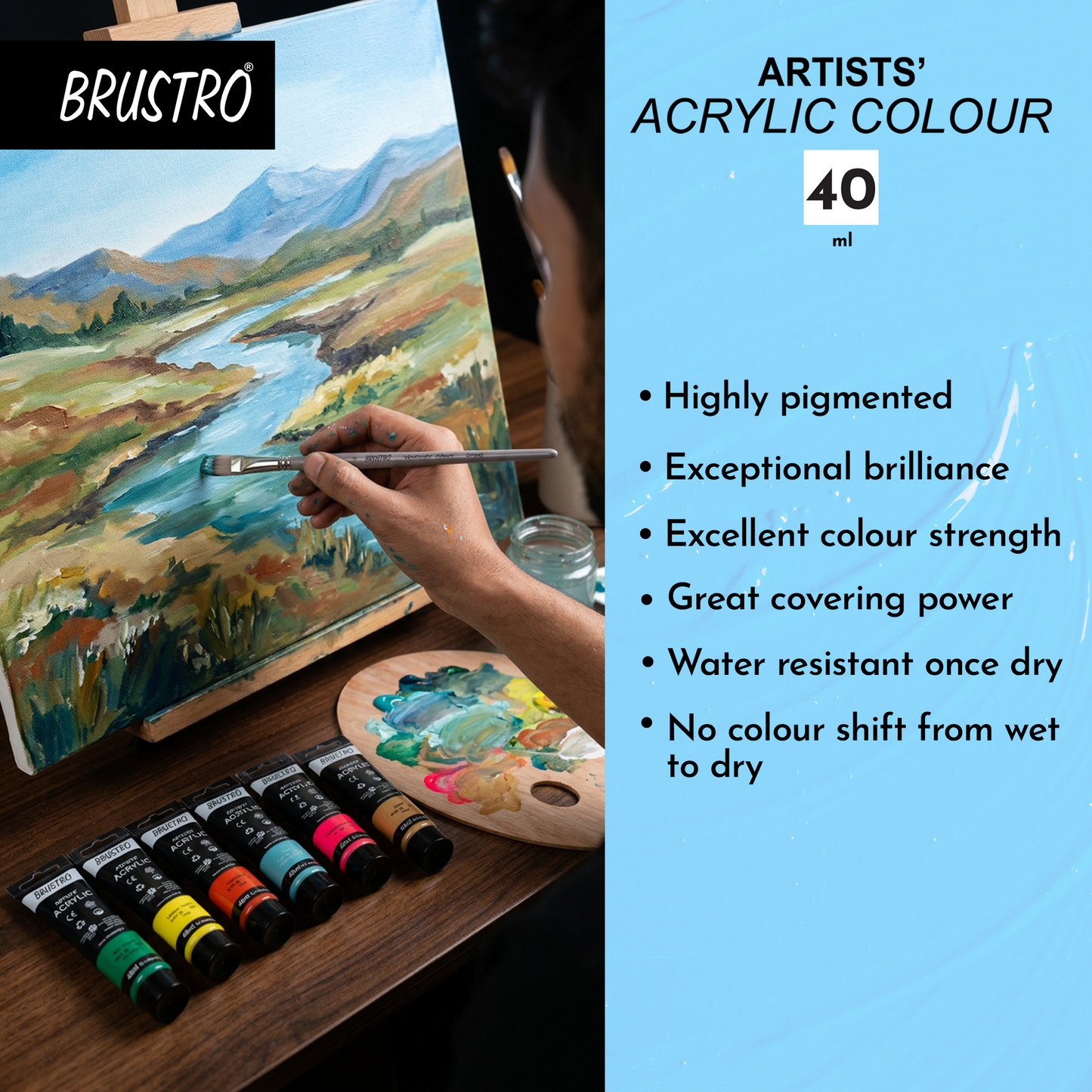 BRUSTRO Artists Acrylic Paint Tube | 40ml, Cad Red Hue |Non-Toxic, Water based, Inter Mixable, Ideal for Painting, Textured Effects on Canvas, Paper, Fine Art Student and Professionals
