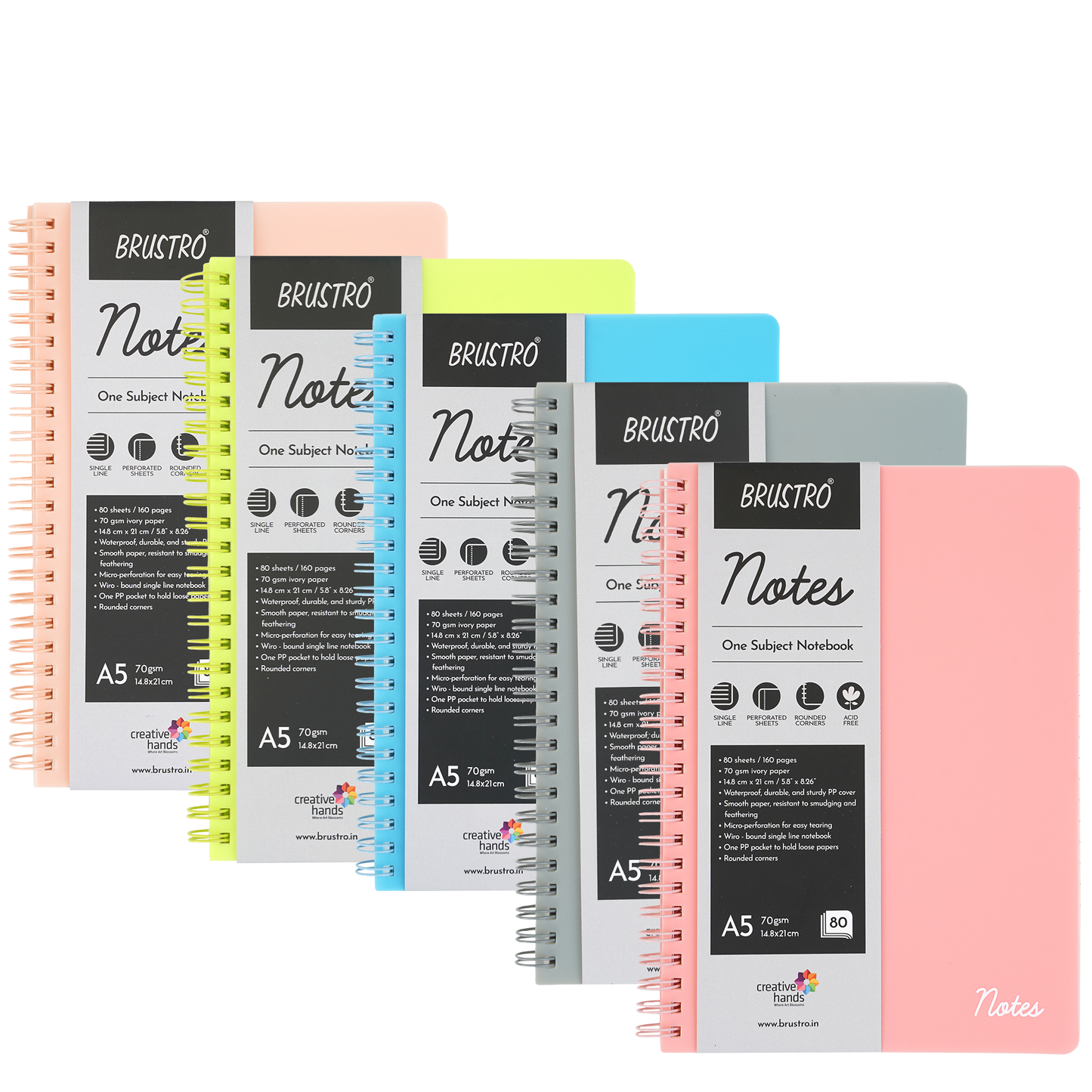 BRUSTRO Notes A5 Size,1 Subject Ruled Notebooks (Set of 5),80 sheets/160 pages,70 gsm ivory paper, Caramel/Aqua/Lime/Blush/Slate Cover,