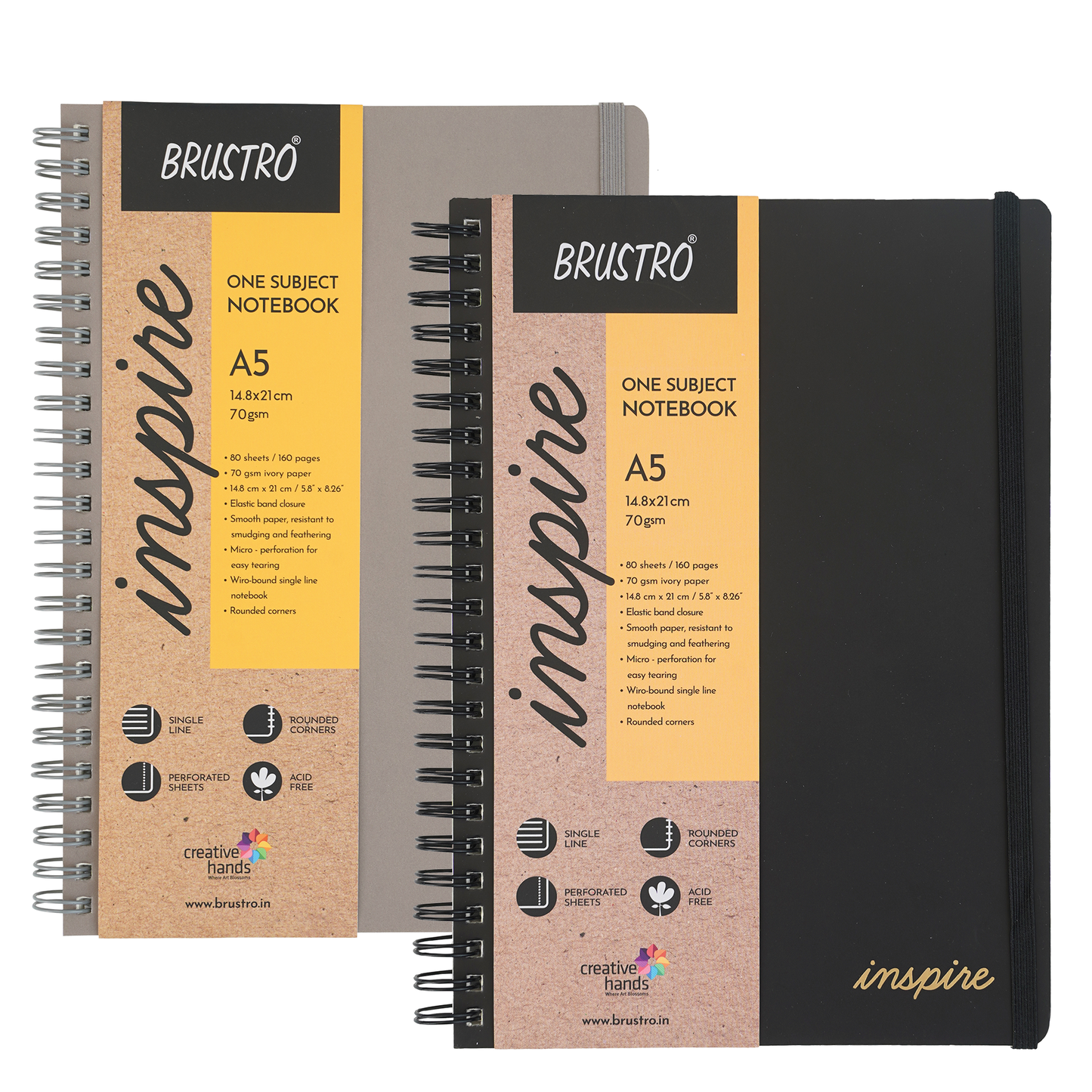 BRUSTRO Inspire A5 Size, 1 Subject Ruled Notebooks (Set of 2), 80 sheets/160 pages, 70 gsm ivory paper, Black/Grey Velvety Touch Cover