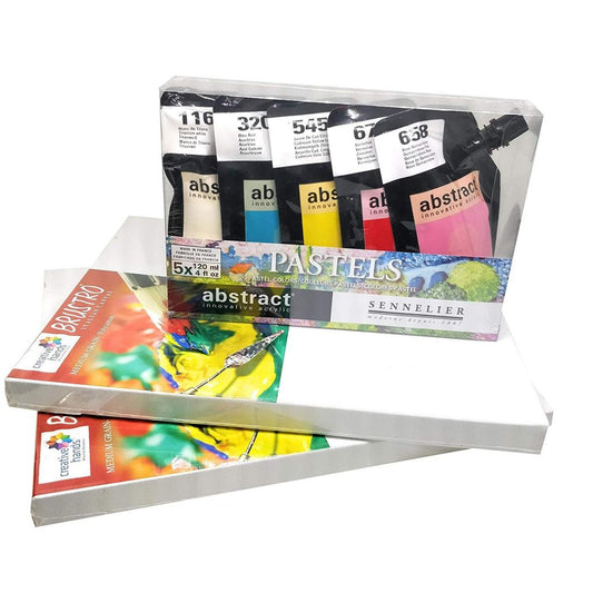 Sennelier Abstract Acrylic Artist Paint Pouch 120 ml, Pastel assorted 5 colors Contains Titanium white, Azure blue, Cadmium yellow lemon hue, Vermillon &amp; Rose Quinacridone . Free Brustro Stretched Canvas (Regular) - 10" X 12" (Pack Of 2) Worth Rs. 720