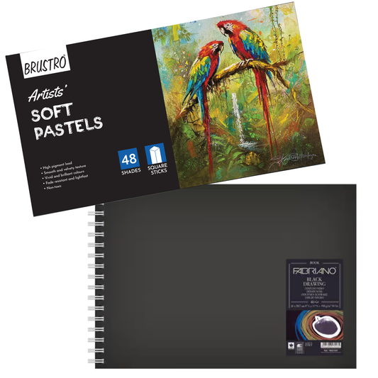 Brustro Artists Soft Pastels Set of 48 with Fabriano Black Drawing Book–190 GSM, A4-40 Sheets,Landscape,Spiral Bound|Highly Pigmented, Intense Shades,Vivid Colours,Ideal for Coloring,Layering,Blending
