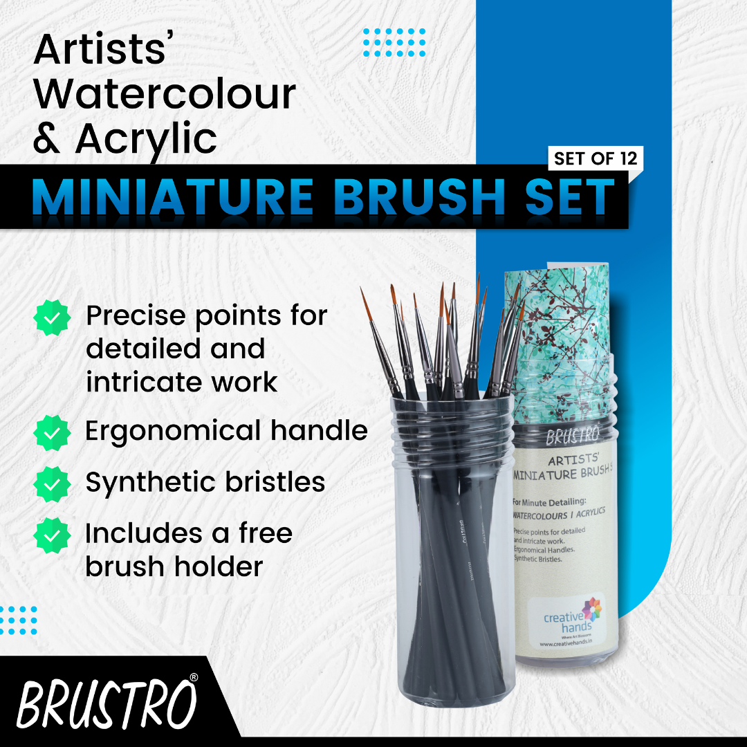 BRUSTRO Artists Watercolours & Acrylics Miniature Brush Set of 12 with Free Brush Holder