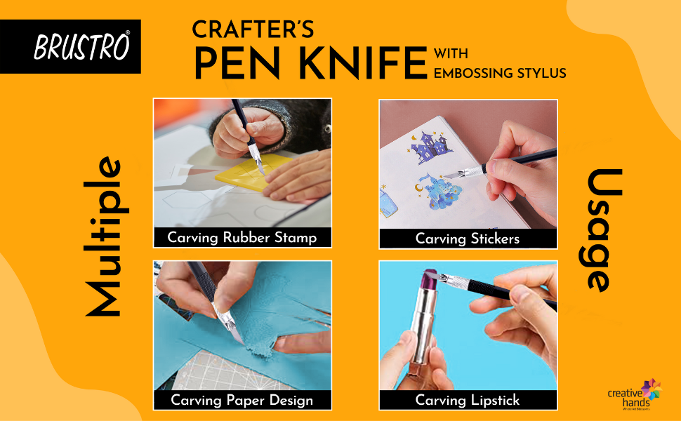 BRUSTRO Crafters Pen Knife with Embossing Stylus | 8 Blade Refills included | Lightweight, Textured Grip, Ideal for DIY Crafts, Intricate Designs, Paper Craft, Origami, Sharpening, Cutting Pencils