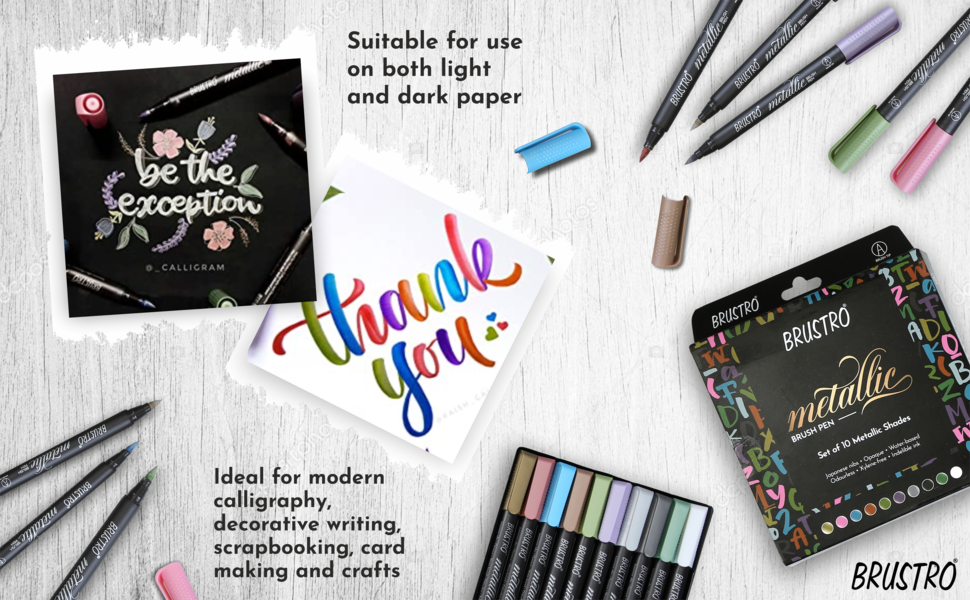 BRUSTRO Metallic Brush Marker Pens | Set of 10 Metallic Shades | Japanese Nibs, Soft Brush Tip, Indelible Ink, Suitable for Calligraphy, Hand Lettering, Colouring, Scrapbooking, Card Making Craft