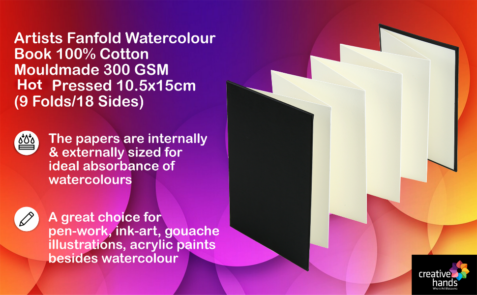 Brustro Artists Fanfold Watercolour Book 100% Cotton Mouldmade 300 GSM Hot Pressed 10.5x15cm.(9 Folds/18 Sides)