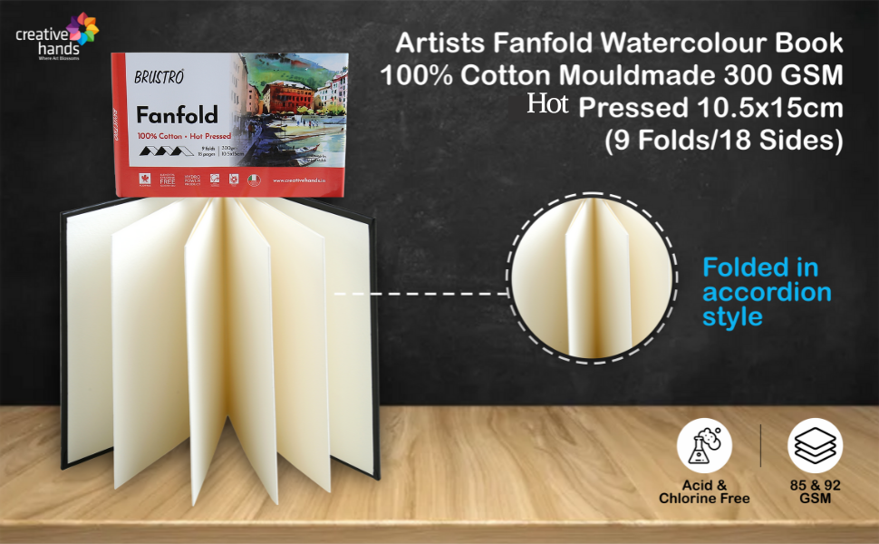 Brustro Artists Fanfold Watercolour Book 100% Cotton Mouldmade 300 GSM Hot Pressed 10.5x15cm.(9 Folds/18 Sides)