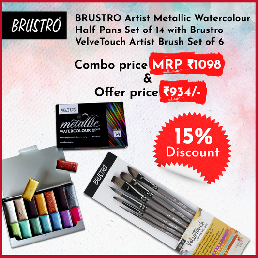 BRUSTRO Artist Metallic Watercolour Half Pans Set of 14 with Brustro VelveTouch Artist Brush Set of 6