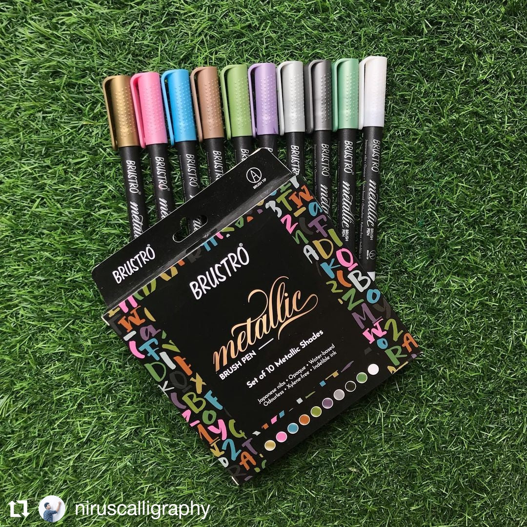BRUSTRO Metallic Brush Pens - Soft Brush Tip for Calligraphy, Hand Lettering, Colouring, Scrapbooking, Card Making - Set of 10 Colors.