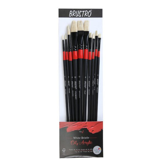 BRUSTRO Artists White Bristle Set of 10 Brushes for Oil and Acrylic