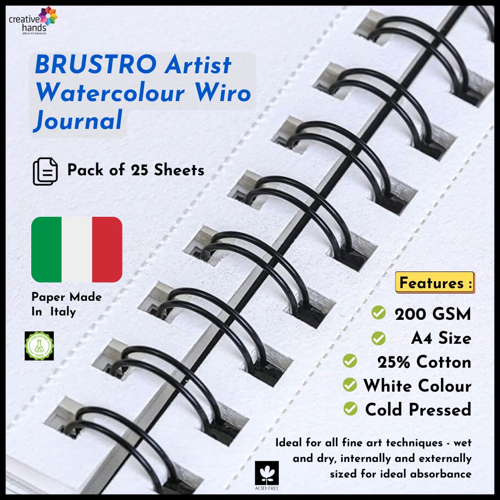 BRUSTRO Artist 25% Cotton Watercolour Wiro Journal Cold Pressed 200 GSM A4-25 Sheets