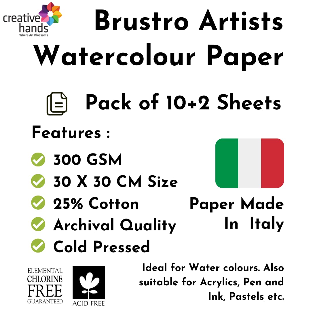 Brustro Watercolour Papers CP 300 GSM 30CM X 30CM (Pack of 10+2 Sheets)