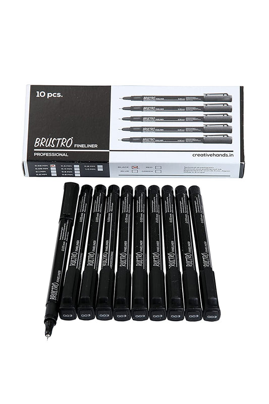 Brustro Professional Pigment Based Fineliner Pen | Black | Set of 10 - Tip Size 0.03mm |Archival Waterproof UV Resistant Ink |Ideal For Technical Drawing,Waterproof,Artist Illustration,Sketching,Mandala