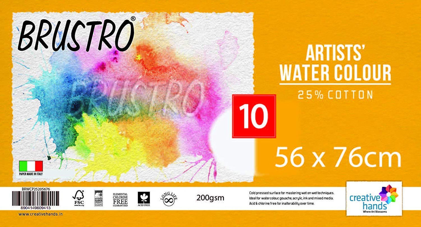 Brustro Artists' Watercolour Paper 25% Cotton Cold Pressed 200 GSM, Size - 56 x 76 cm, 10 Sheets