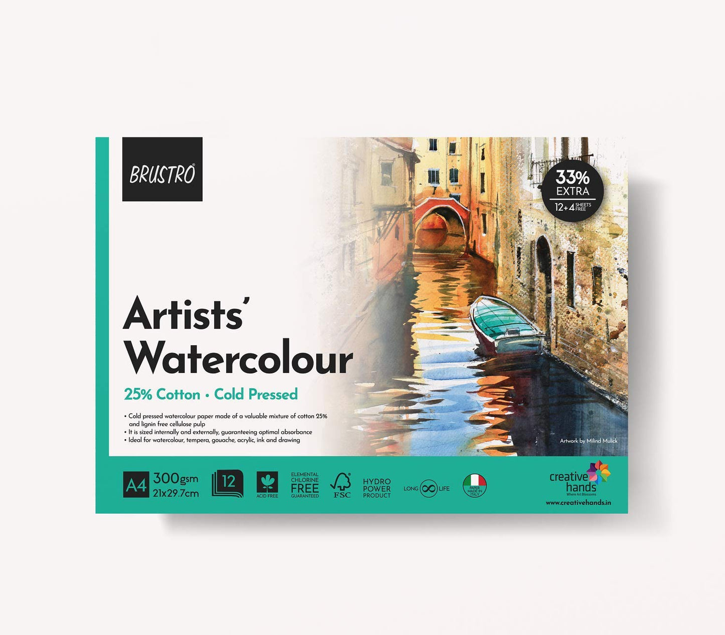 BRUSTRO Artist Watercolour Pad Cold Pressed 300 GSM 25% Cotton A4 - (12 + 4 Free Sheets)