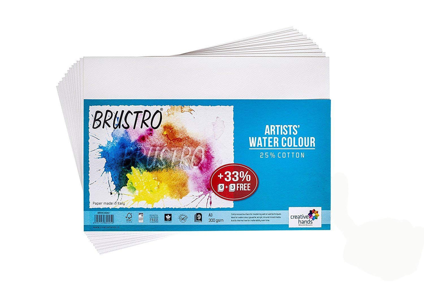 Brustro Artists' Watercolour Paper 300 GSM A3 -25% cotton CP (Packet Contains 9+3 sheet )