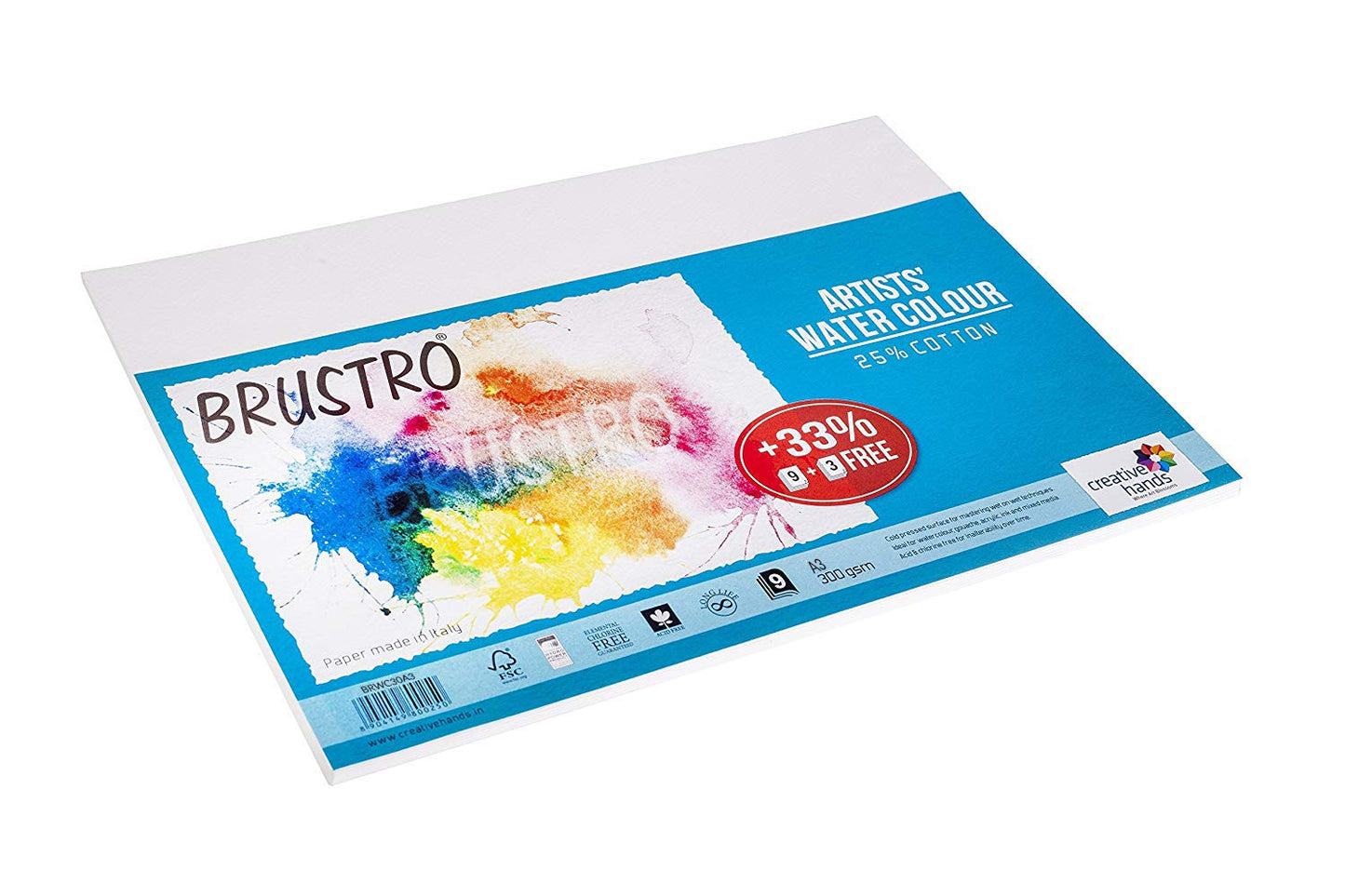 Brustro Artists' Watercolour Paper 300 GSM A3 -25% cotton CP (Packet Contains 9+3 sheet )