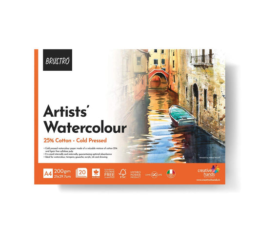 BRUSTRO Artist 25% Cotton Watercolour Pad Cold Pressed 200 GSM A4 Pad 20 Sheets