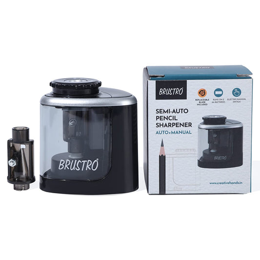 BRUSTRO Semi-Auto Pencil Sharpener | Battery Operated + Manual |Electric Sharpener, Fast Sharping, Automatic, Ideal for Students and Adults, Professional Artists, Auto feed for Home, Office,School use