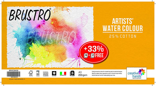 Brustro Artists Watercolour Paper, 200 GSM, A3 Size, 25% Cotton CP, 6 + 2 Free Sheets (Pack of 2)