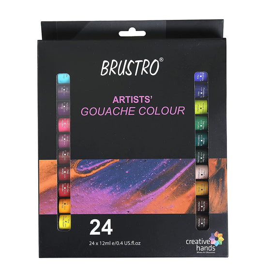 BRUSTRO Artist's Gouache Colour | Set of 24 Colors X 12ml Tubes |Perfect for Watercolor paper,Infinite Blending,Non-Toxic,Highly Pigmented,Ideal for Professional Artists,Graphic Designers,Illustrators