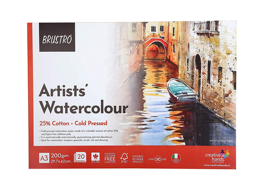 BRUSTRO Artist 25% Cotton Watercolour Glued Pad Cold Pressed 200 GSM A3-20 Sheets