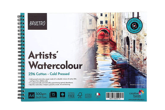 BRUSTRO Artist Watercolour Pad 25% Cotton 300 GSM A4 Wiro - 15 Sheets