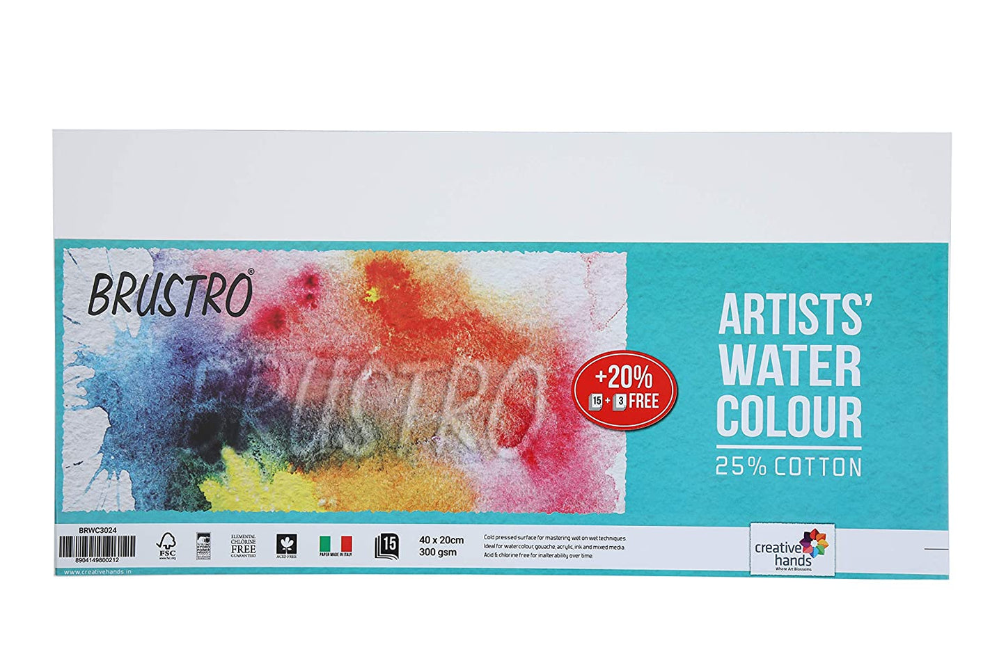 Brustro  Watercolour Paper  300 GSM 20cm x 40cm (Pack of 15 + 3 Free Sheets)