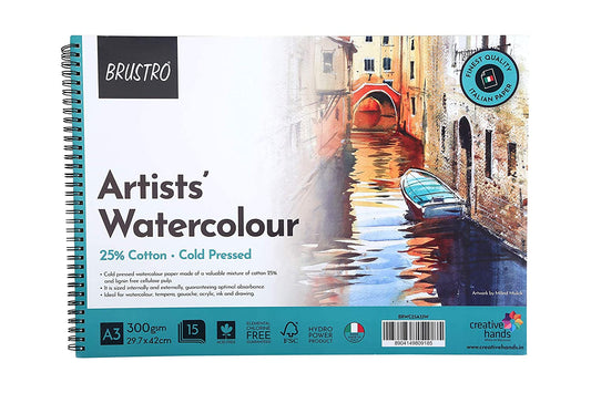 BRUSTRO Artist 25% Cotton Watercolour Pad, Wiro Cold Pressed, 300 GSM A3-15 Sheets