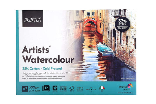 BRUSTRO 25% Cotton Watercolour Paper 300 GSM A3 Glued Pad 12 + 4 Free Sheets