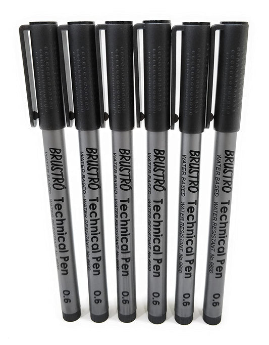 BRUSTRO Technical Pen | Black | Pack of 6 - Tip Size -  0.6mm | Ideal For Mandala, Drawing,Artist Illustration,Sketching