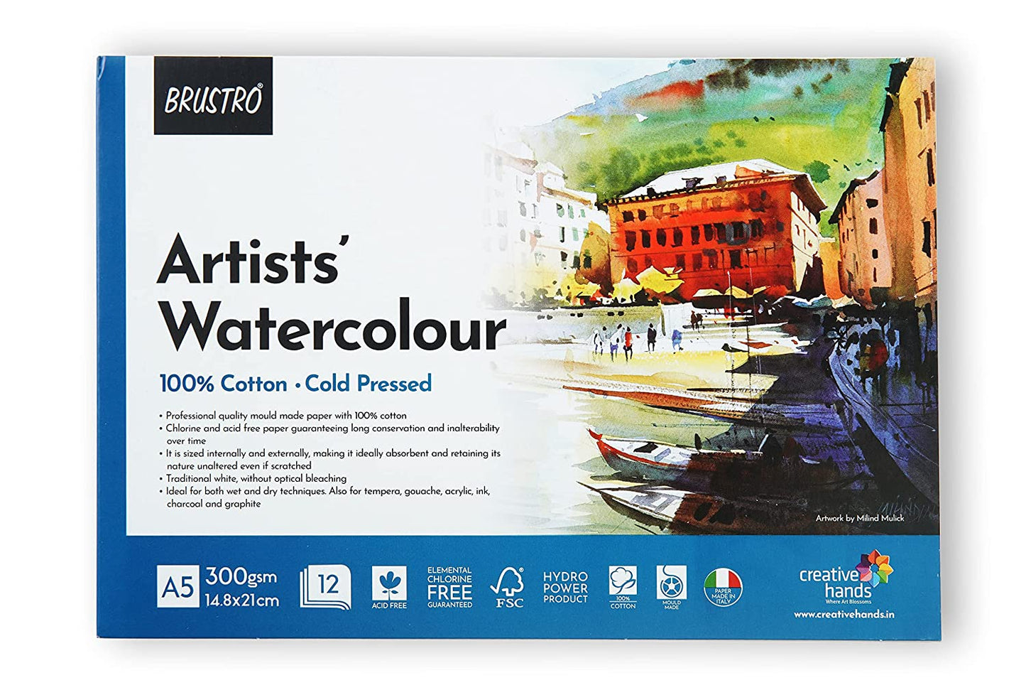 Brustro Artists' Watercolour 100% Cotton 300gsm Cold Pressed Pad, 12 Sheets, Size- A5