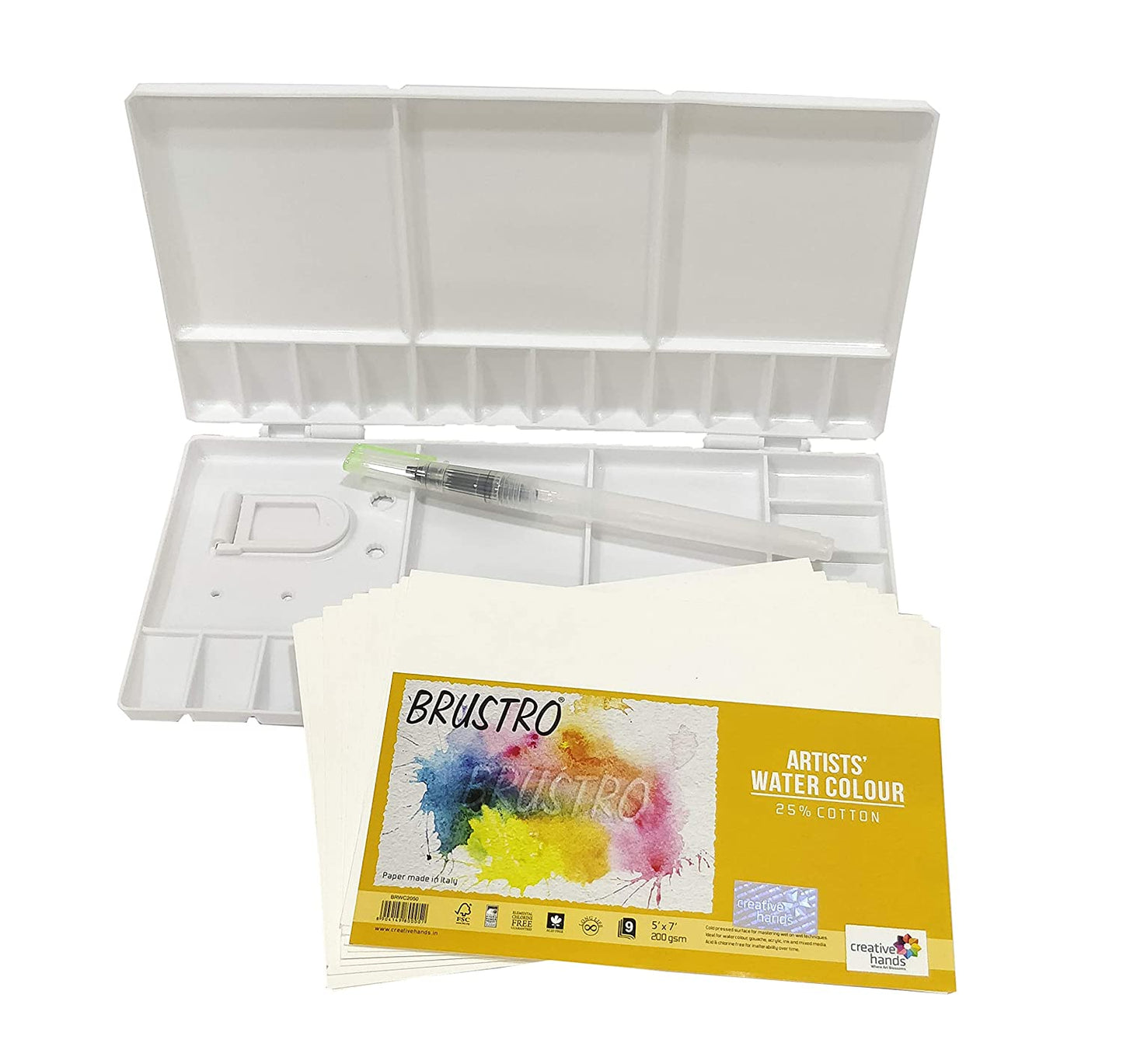 Brustro Folding Box 33 Well Plastic Palette 26x13 cm with Brustro Aqua Squeeze Brush Small and Brustro Watercolour Paper 200 GSM, 5" X 7"
