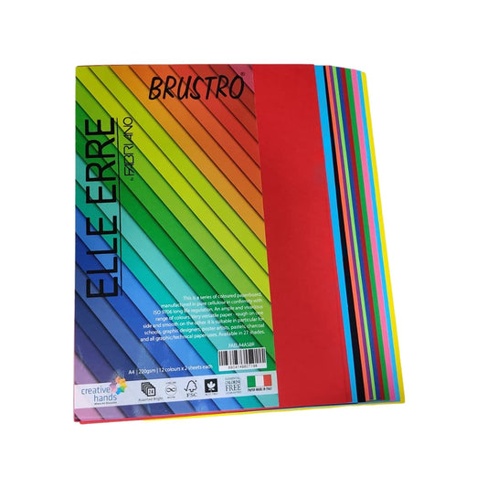 BRUSTRO Elle Erre Coloured paper A4 Size 220 GSM Mixed Bright Colours 24 Sheets Pack (12 cols X 2 Sheets) with Textured Surface on one Side and Smooth on Other.