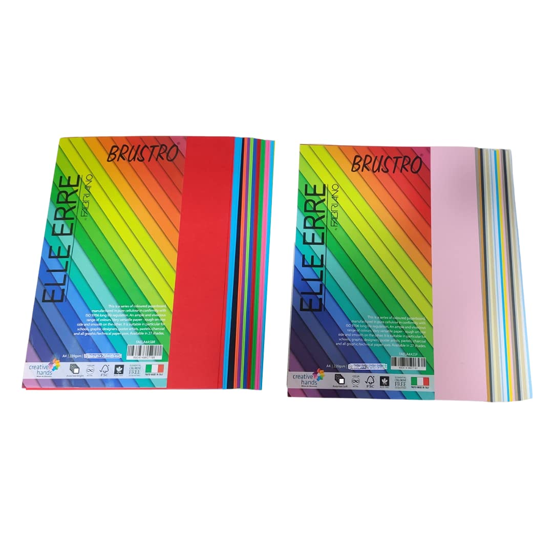 BRUSTRO Elle Erre Coloured Paper A4 Size 220 GSM Mixed Bright & Soft Colours 48 Sheets Pack ( 12 X 2 Bright and 12 X 2 Soft Sheets) with Textured Surface on one Side and Smooth on Other.