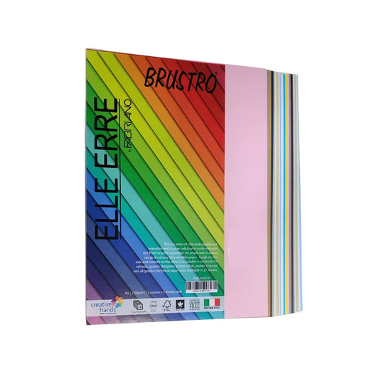 BRUSTRO Elle Erre Coloured paper A4 Size 220 GSM Mixed Soft Colours 24 Sheets Pack(12 Cols X 2 Sheets) with Textured Surface on one Side and Smooth on Other.