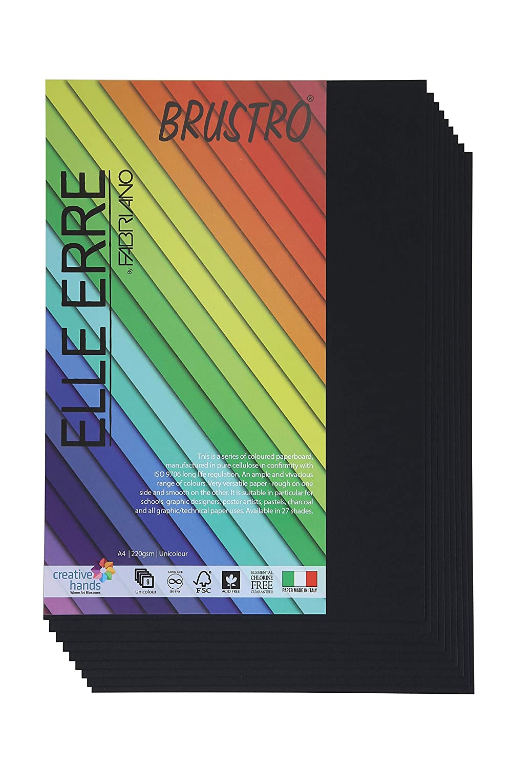 BRUSTRO Elle Erre Coloured Card Stock Craft Paper | A4, 220 GSM, Pack of 9 Sheets | Acid free, Ideal for Pastel, Charcoal, Calligraphy, Silkscreen, Pen & Ink