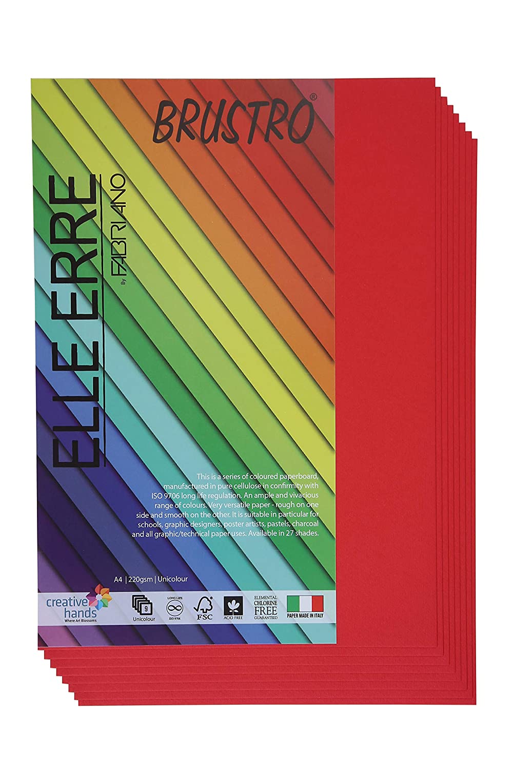 BRUSTRO Elle Erre Coloured Card Stock Craft Paper | A4, 220 GSM, Pack of 9 Sheets | Acid free, Ideal for Pastel, Charcoal, Calligraphy, Silkscreen, Pen & Ink